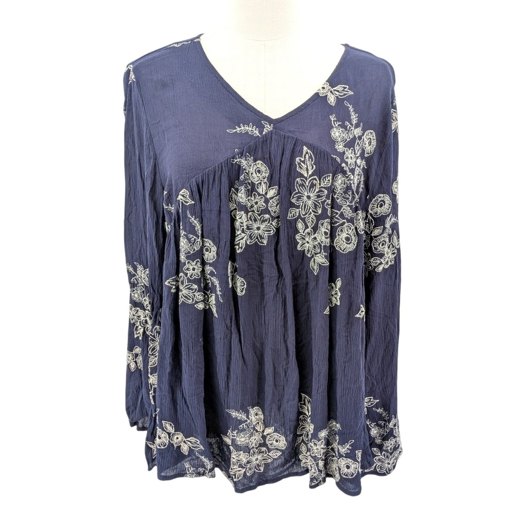 Wrangler Navy Blue Floral V-Neck Long Sleeve Blouse women’s Medium